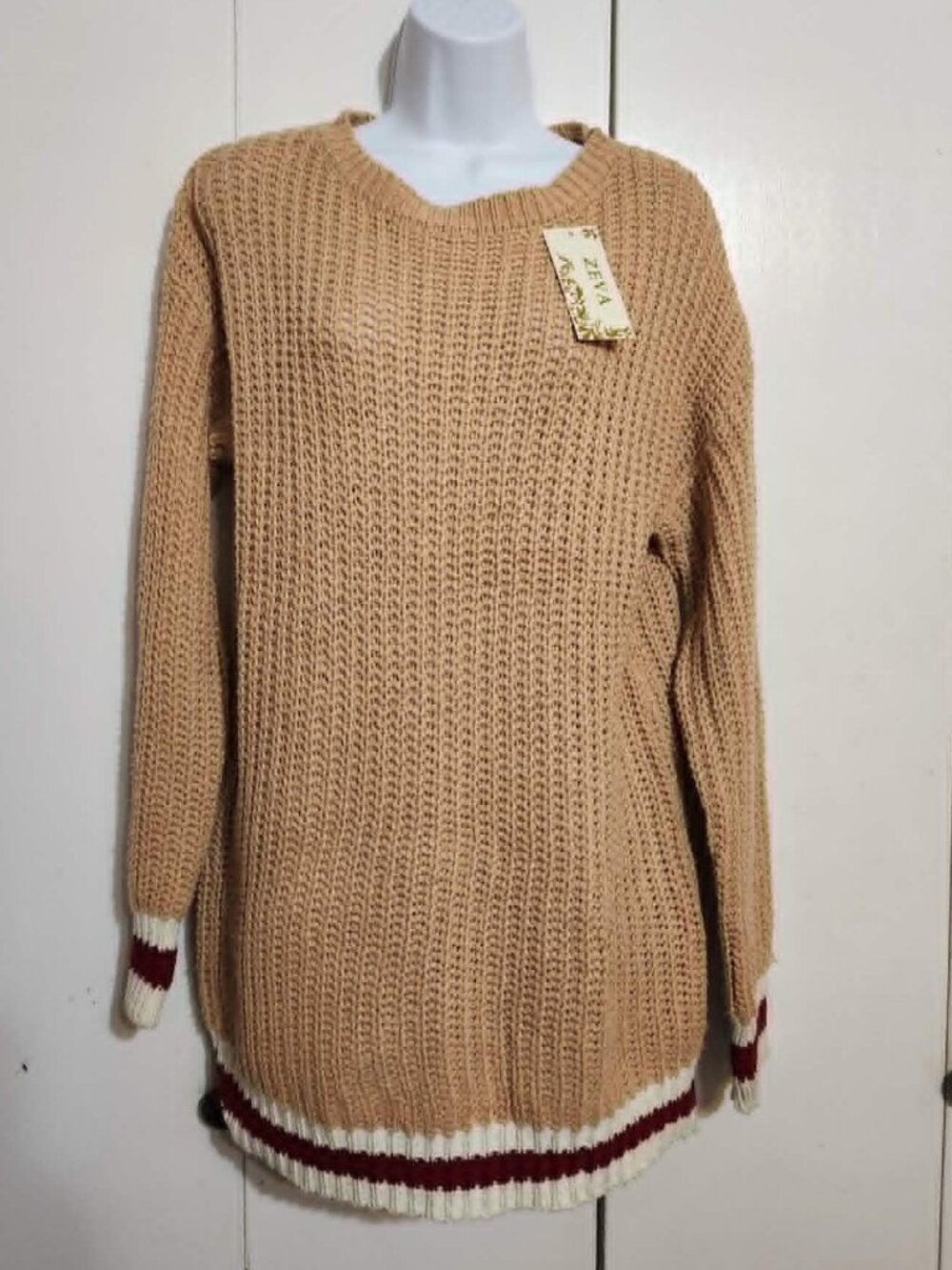 ZEVA Sweater Medium NWT Camel Tan Chunky Waffle Knit Striped Varsity Prep